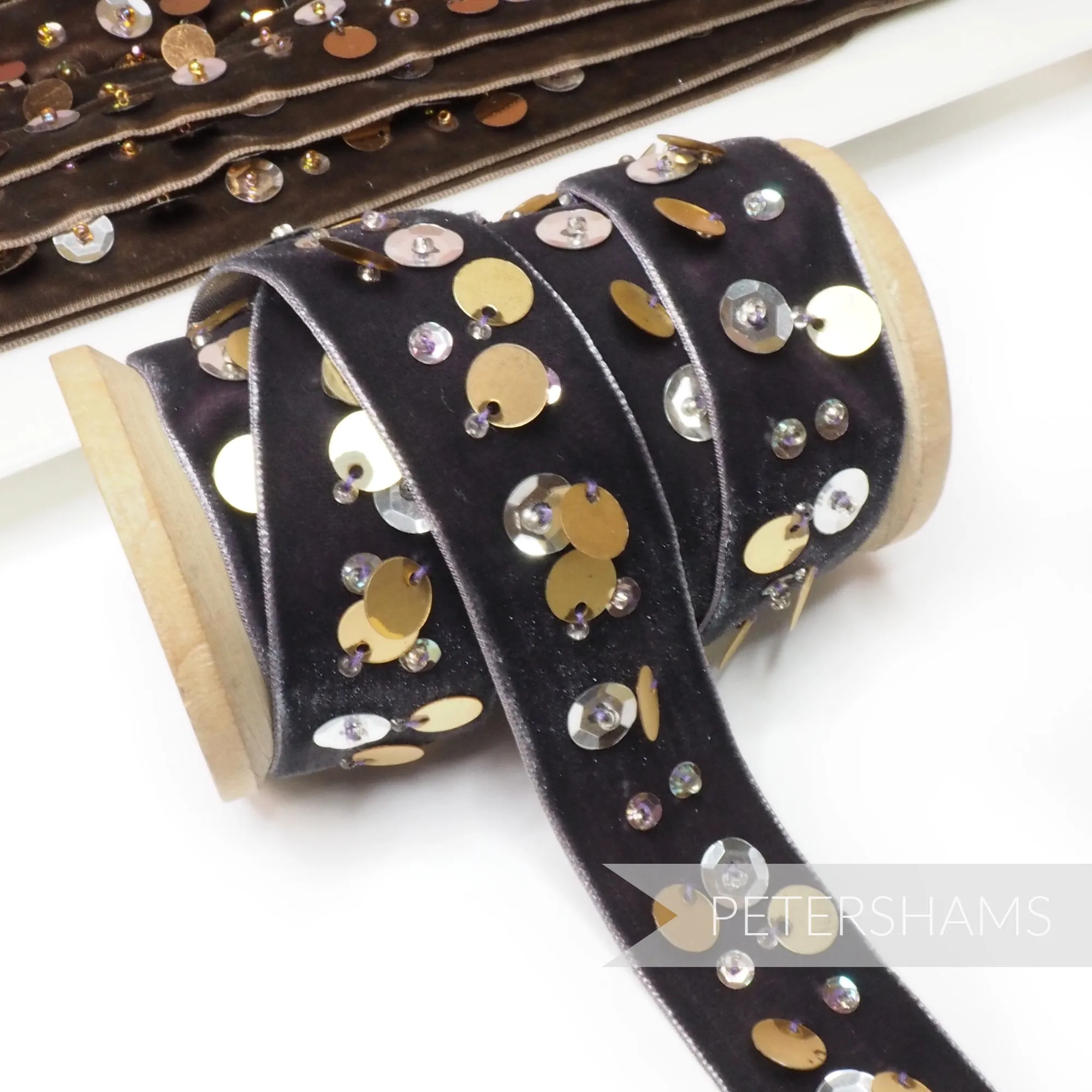 25mm Deco Seed Bead & Circular Sequin Adorned Velvet Ribbon - 1m