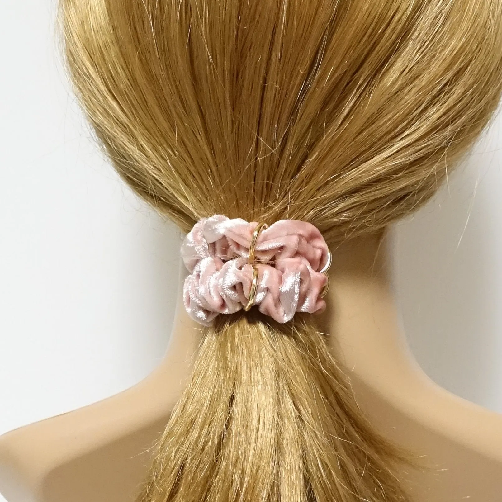 A set of 3 golden ring decorated mini thin velvet scrunchies pack