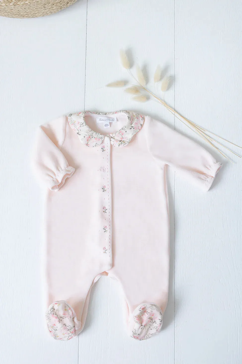 Babygrow - Velour Pale Pink Flowery Garden