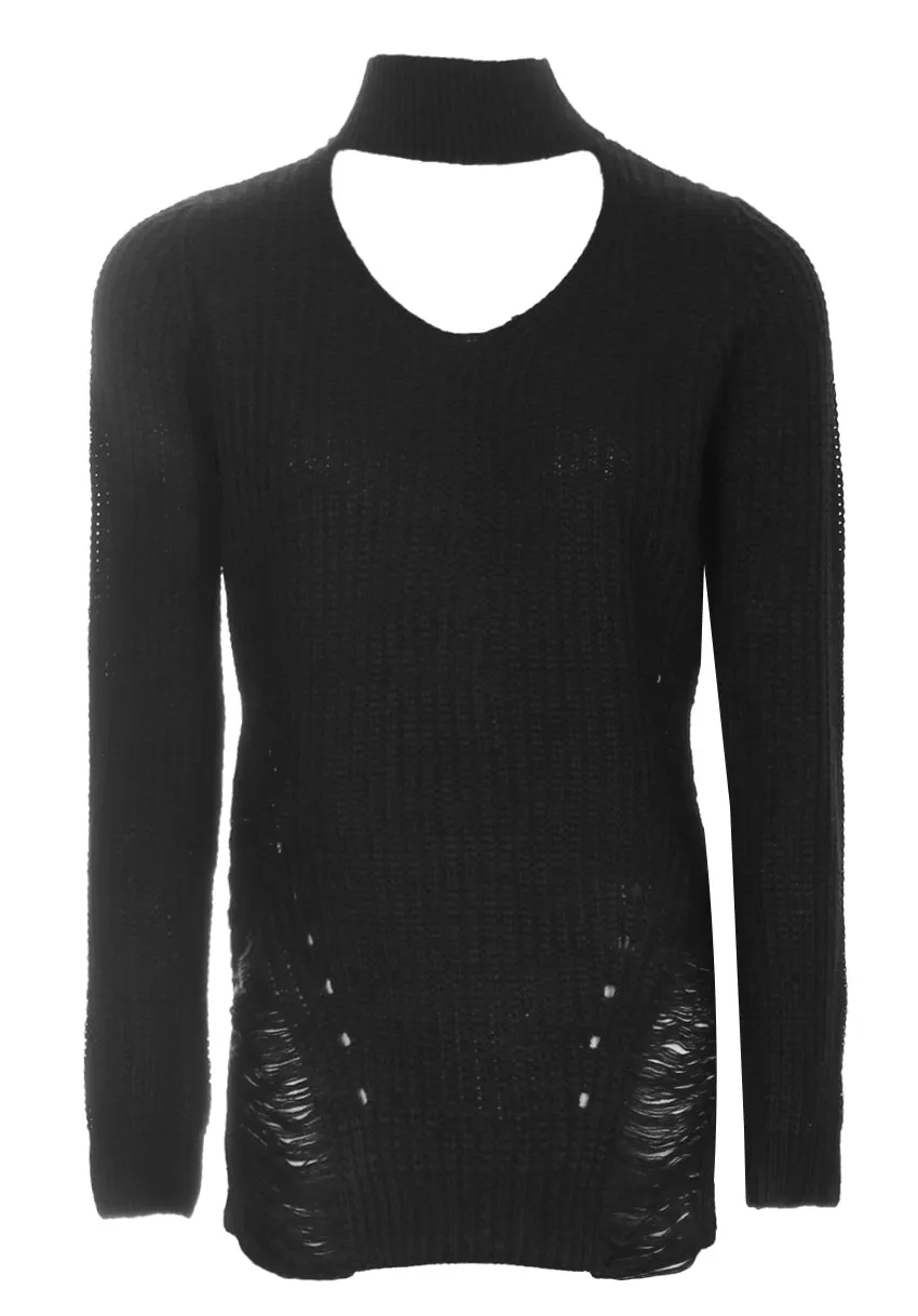 Black Choker Ladder Cable Knit Jumper