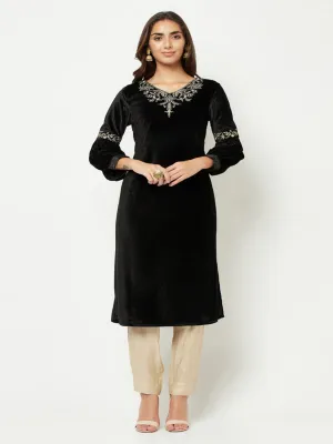 Black Embroidered Velvet Kurta