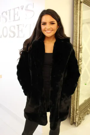 Black Luxurious Winter Faux Fur Coat With Pockets