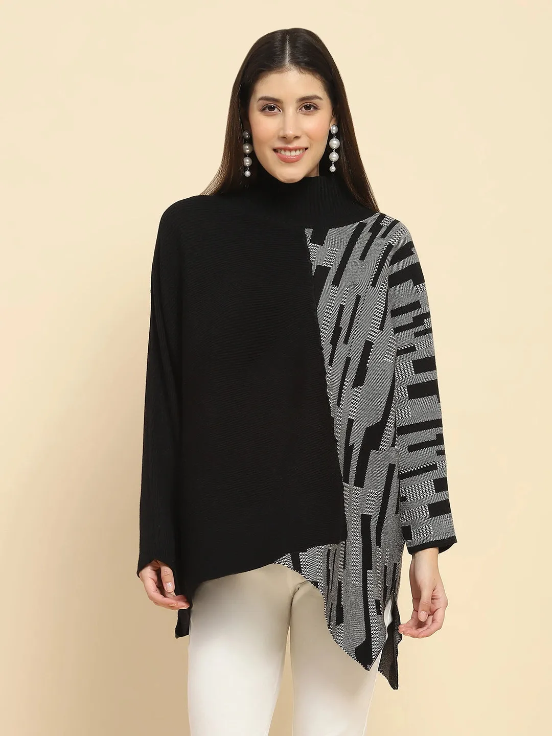 Black Poly Blend Knit Print Relaxed Fit Pullover