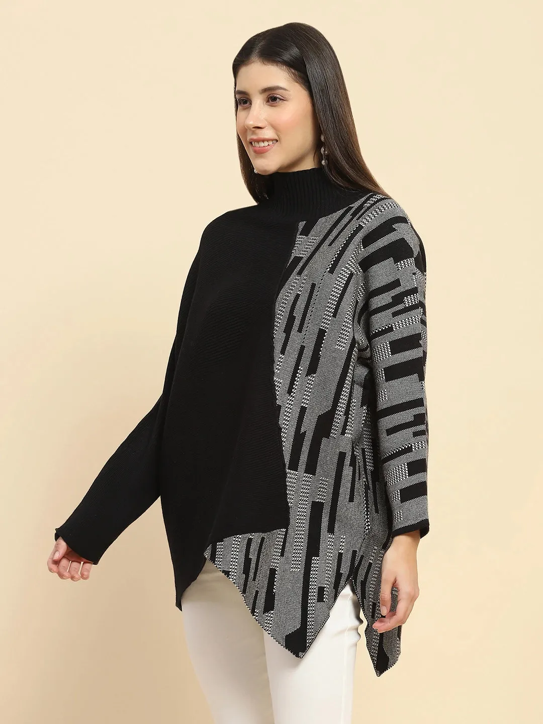 Black Poly Blend Knit Print Relaxed Fit Pullover