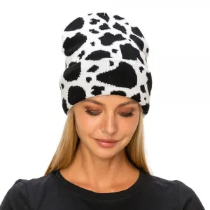 Black White Western Cow Print Knit Beanie Hat