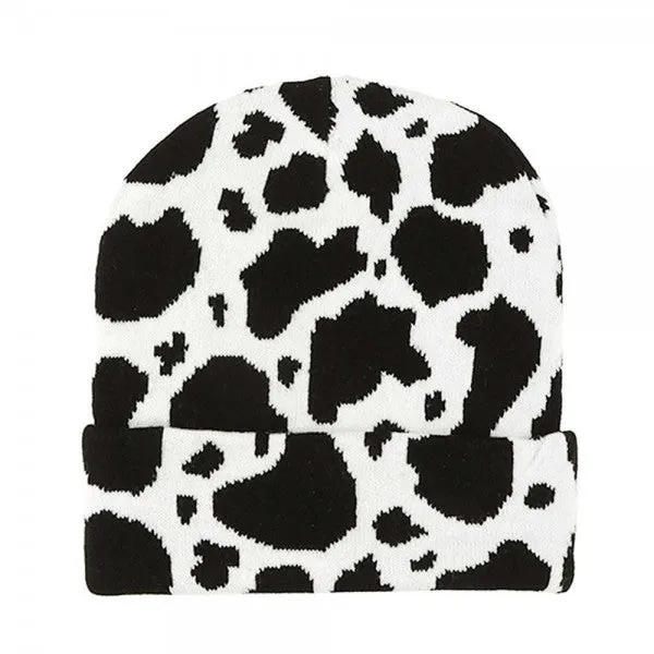 Black White Western Cow Print Knit Beanie Hat