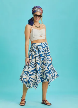 Blue Patterned Tie Waist Casual Midi Flared Skirt