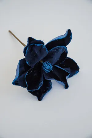 Blue velvet, artificial, magnolia with glittered center