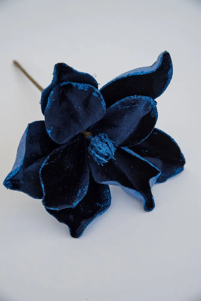 Blue velvet, artificial, magnolia with glittered center