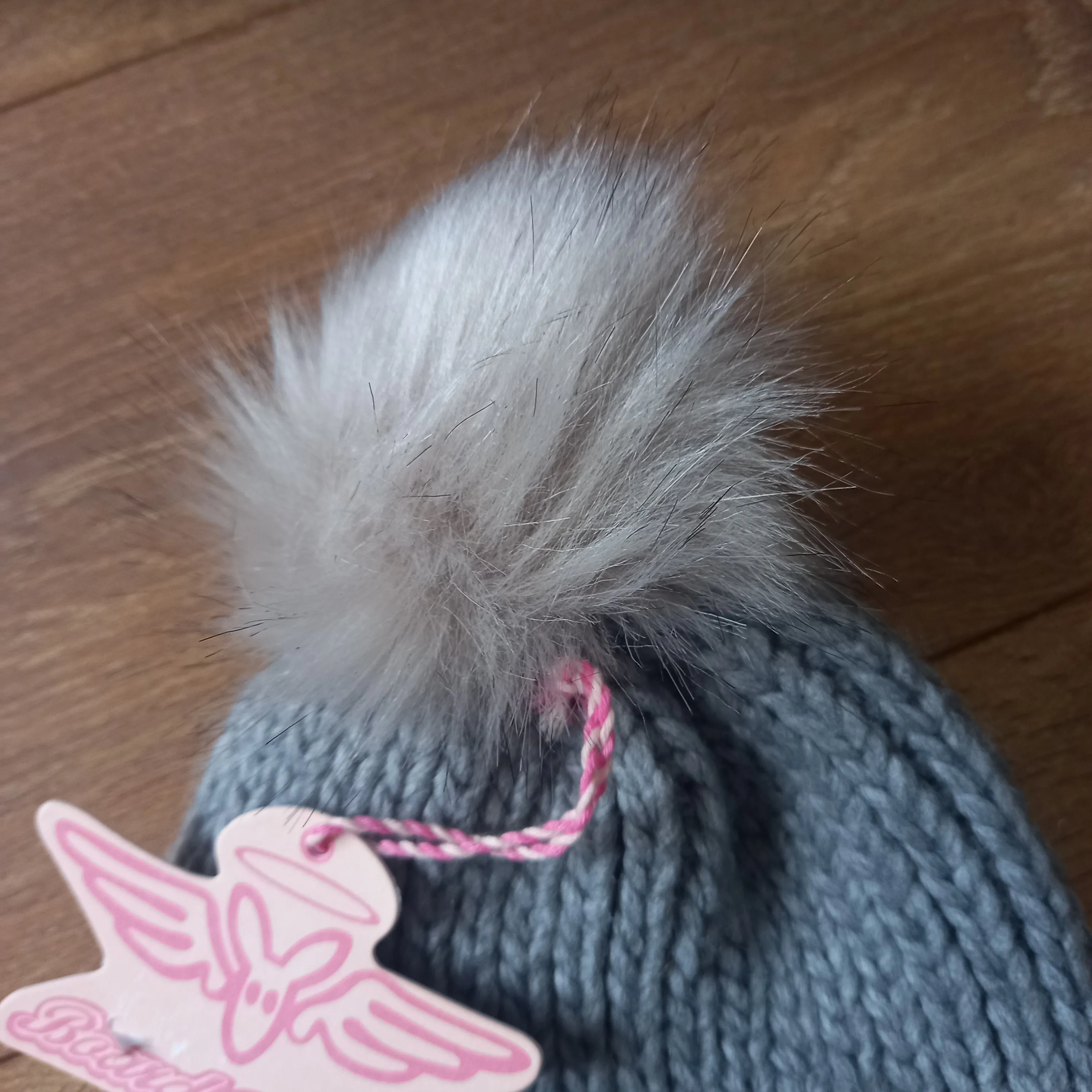 Board Angels Womens  Rib Hat With Faux Fur Pom Pom Grey Marl