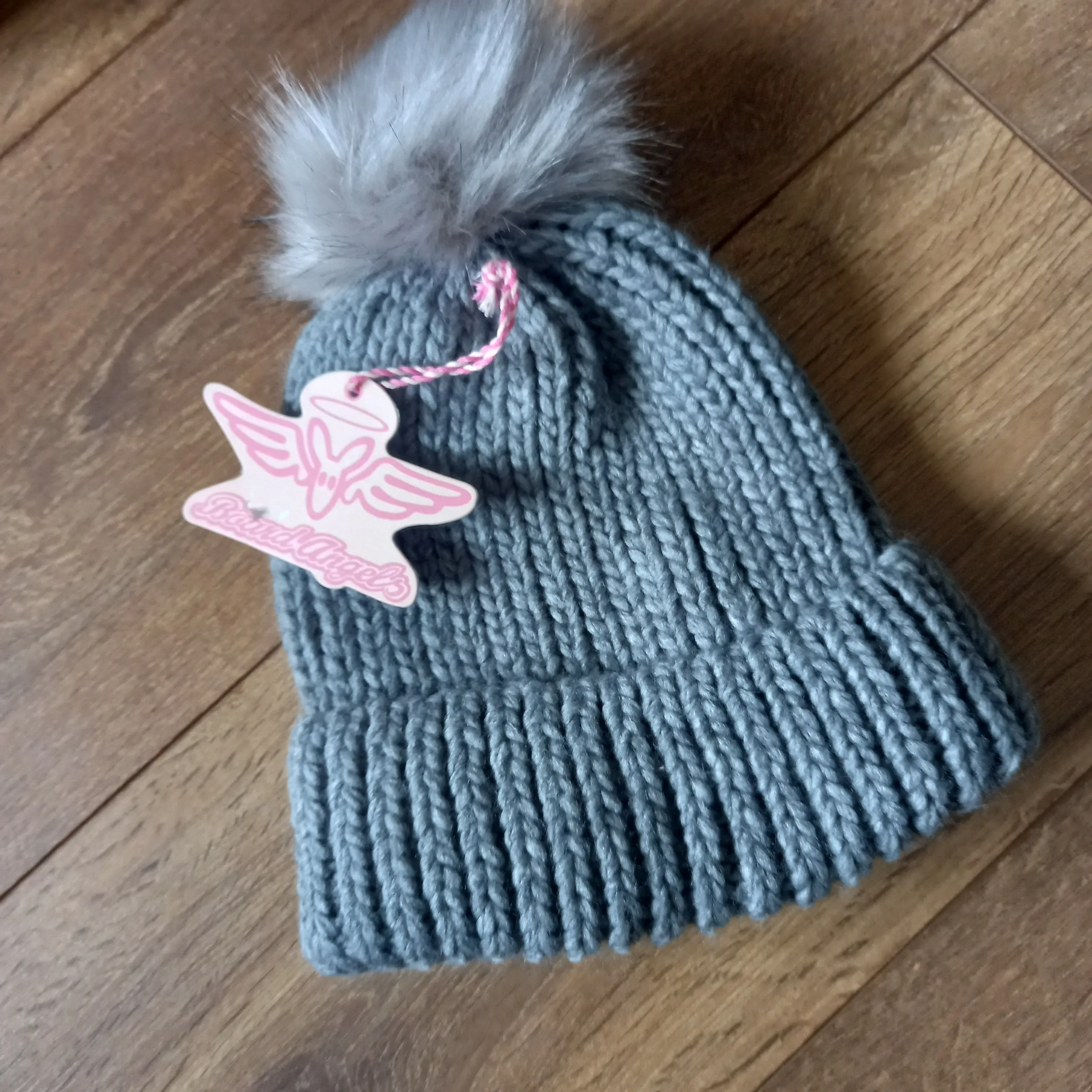 Board Angels Womens  Rib Hat With Faux Fur Pom Pom Grey Marl