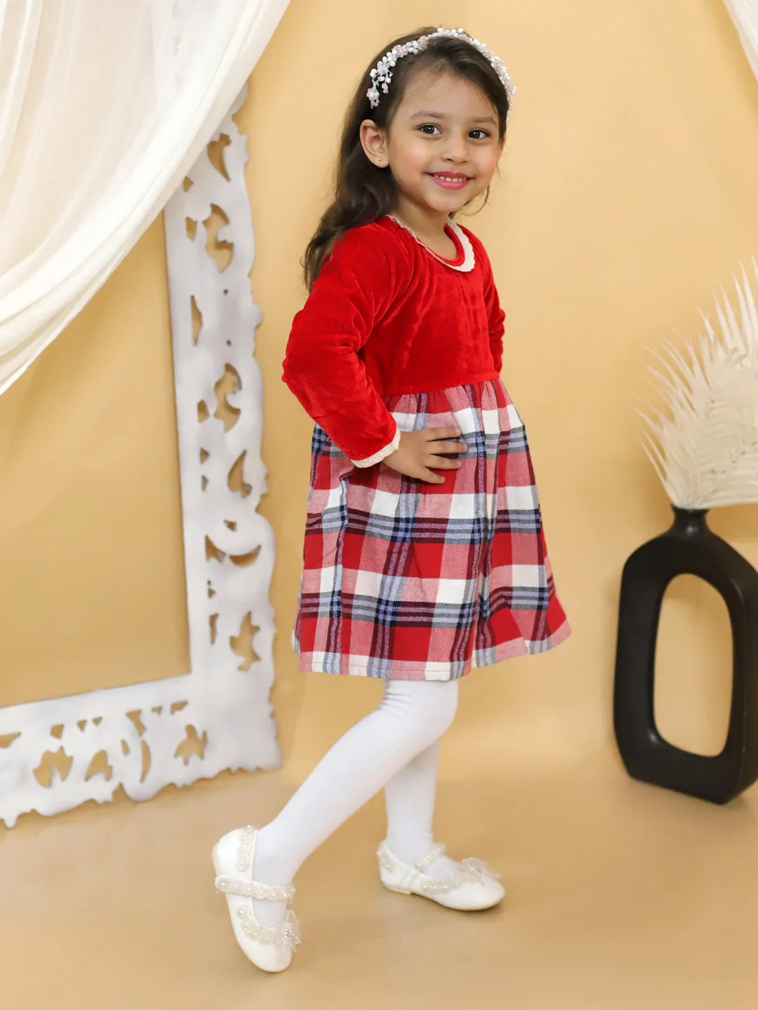 BownBee Girl Velvet Twill Full Sleeve Winter Dress -Red