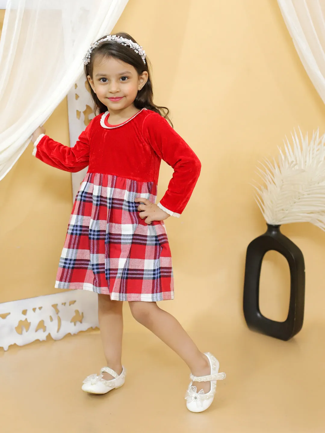 BownBee Girl Velvet Twill Full Sleeve Winter Dress -Red