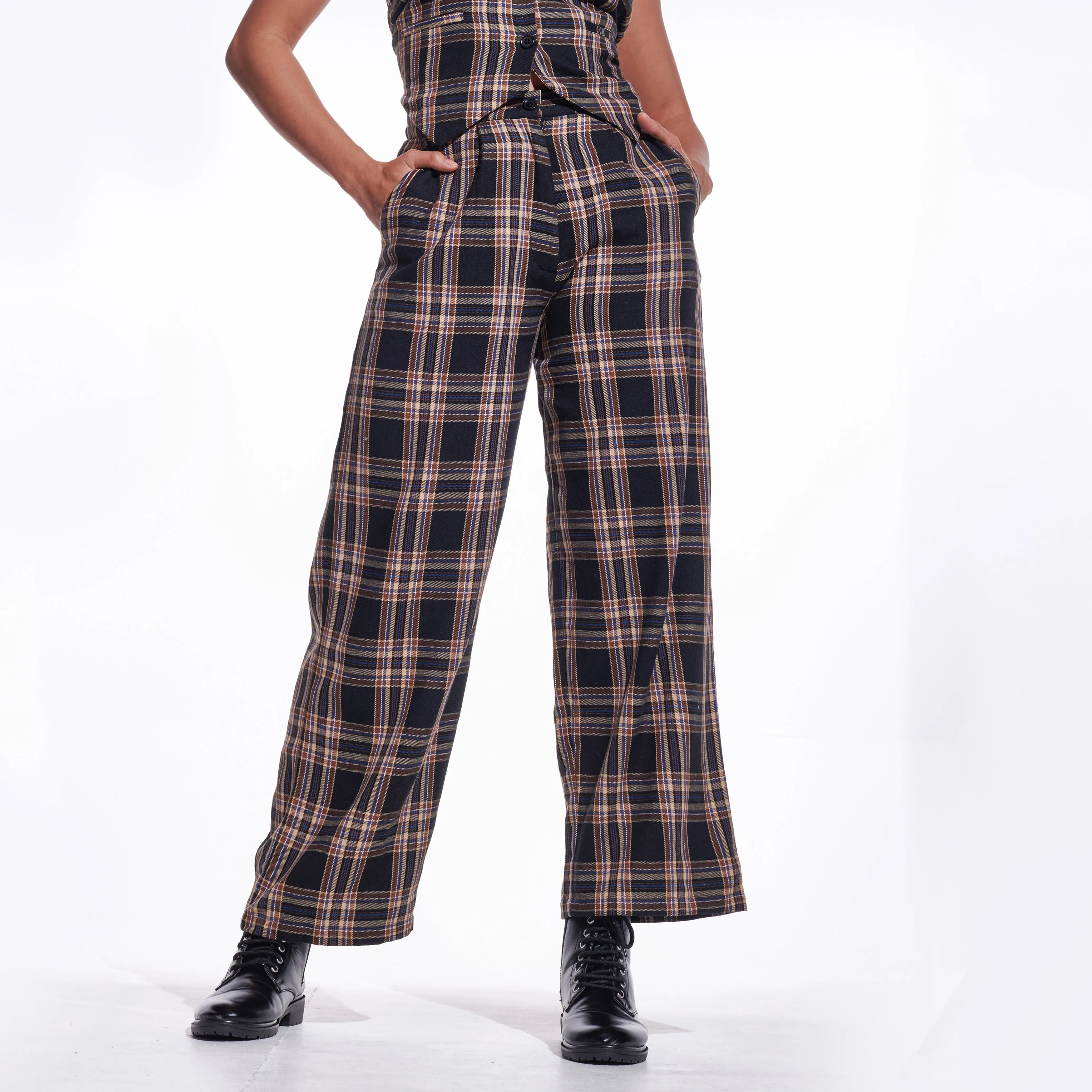 Brown Checkered Wide Leg Pants