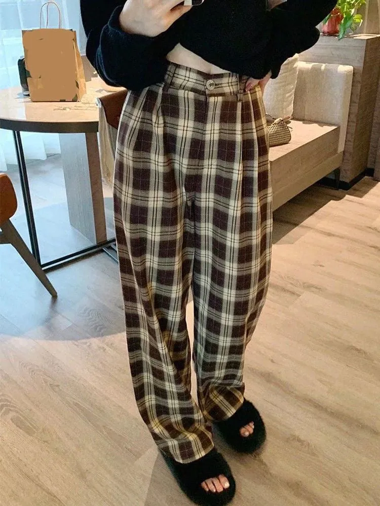 Brown Checkered Wide Leg Pants