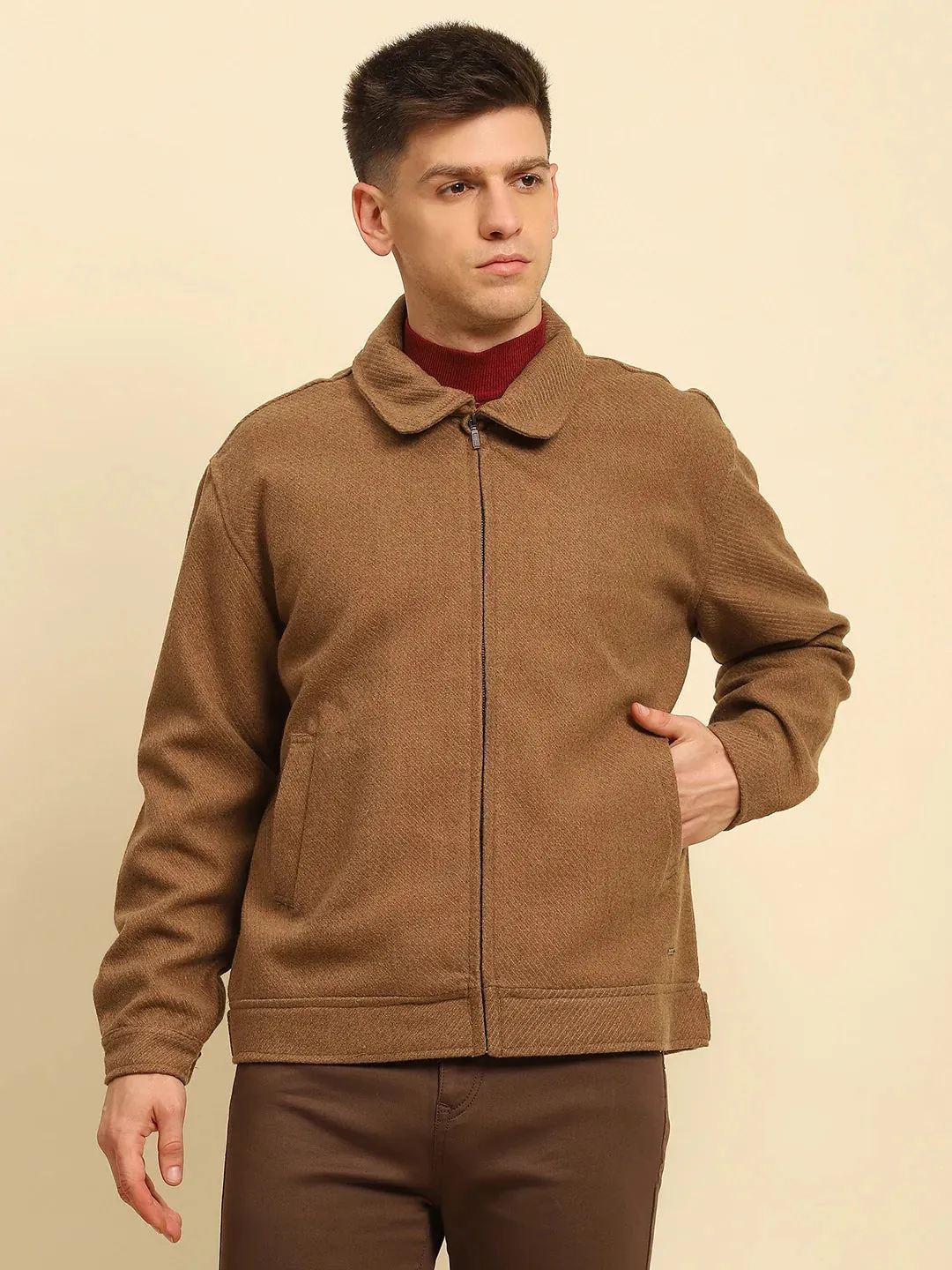 Brown Ploy Blend Textured Regular Fit Jacket