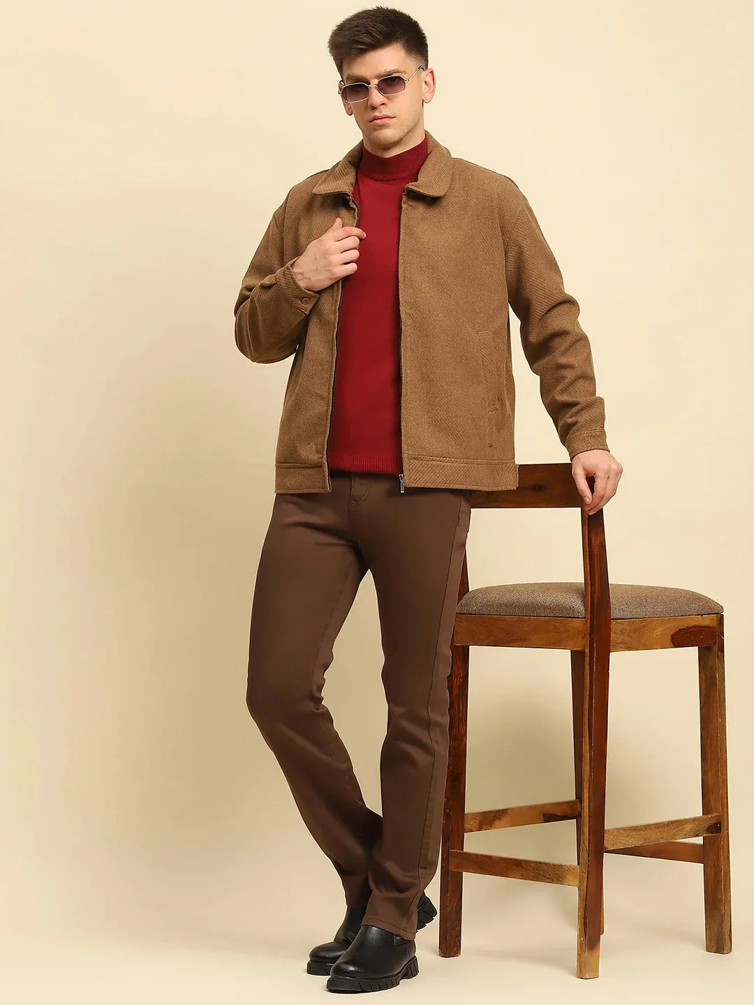 Brown Ploy Blend Textured Regular Fit Jacket