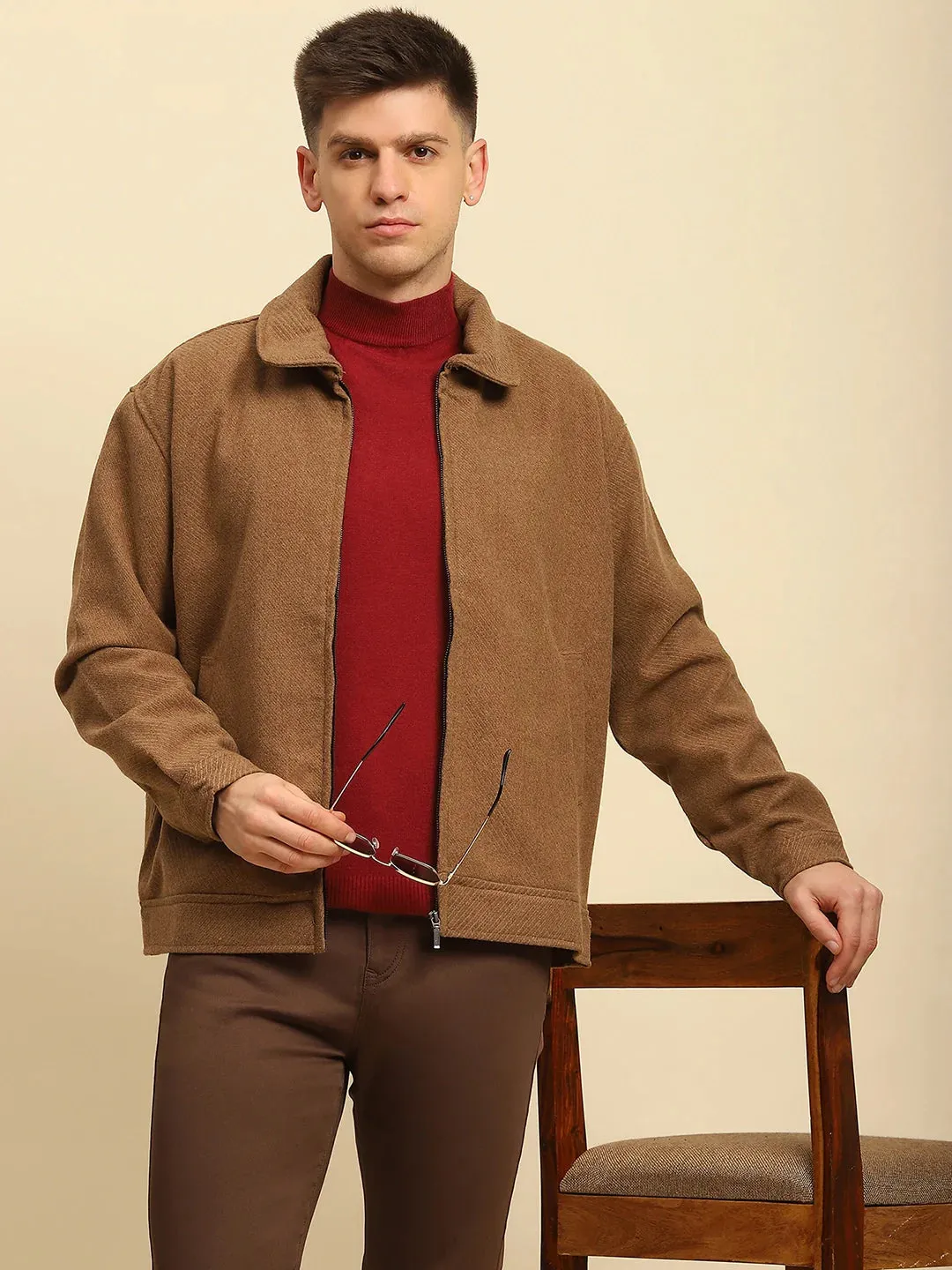 Brown Ploy Blend Textured Regular Fit Jacket