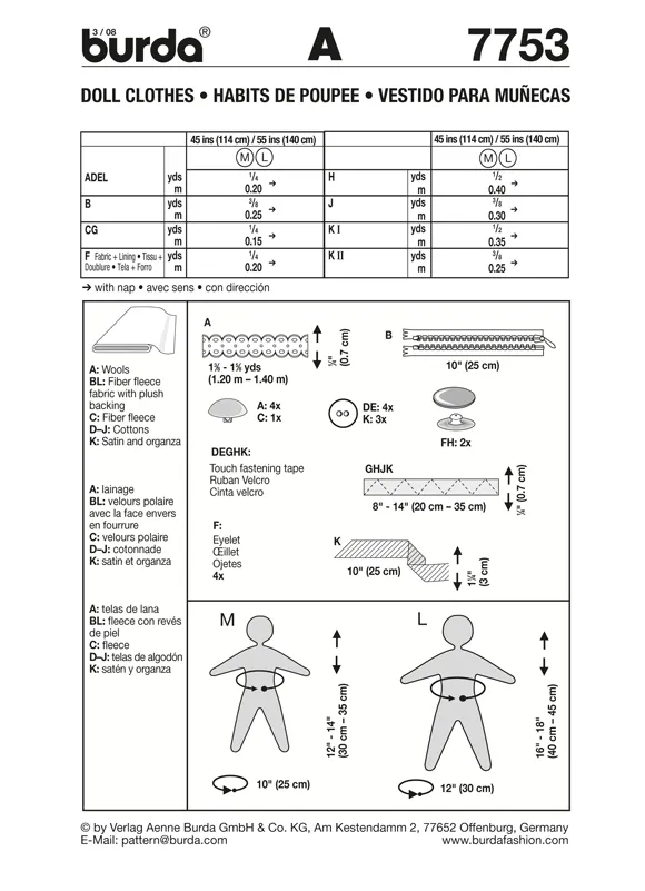 Burda 7753 Doll Outfits Pattern