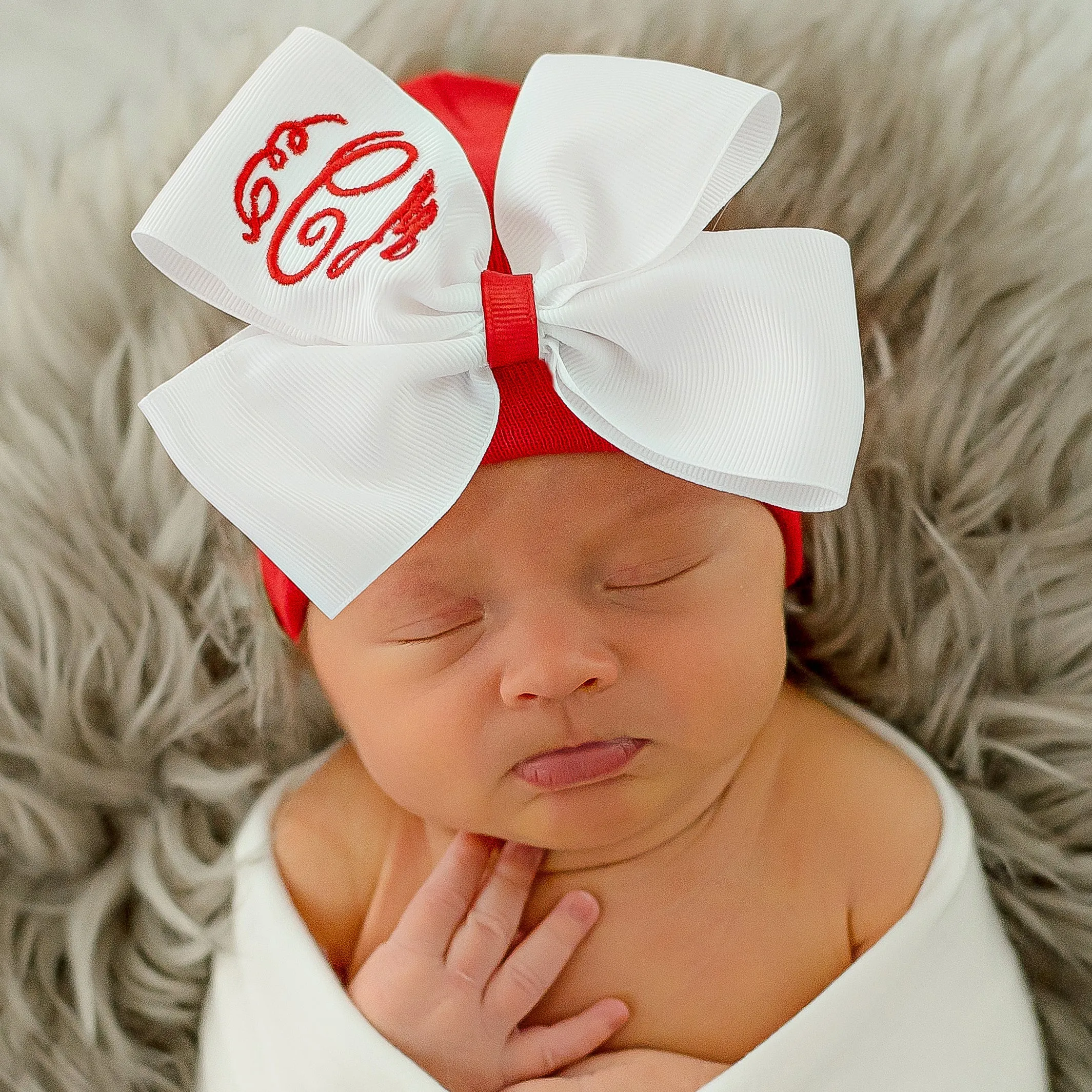 Candy Striped and Jolly Red Hospital Hat White Bow with Monogramed Initials