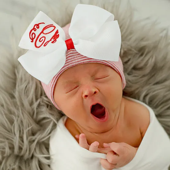 Candy Striped and Jolly Red Hospital Hat White Bow with Monogramed Initials