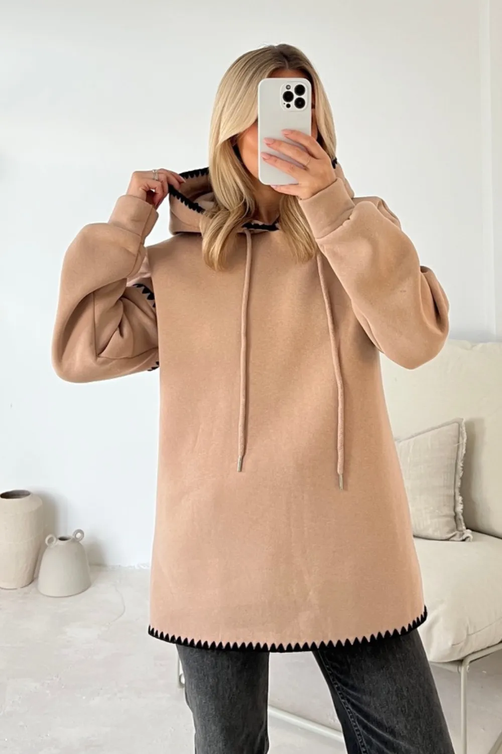 Cassandra camel hoodie with embroidered trim