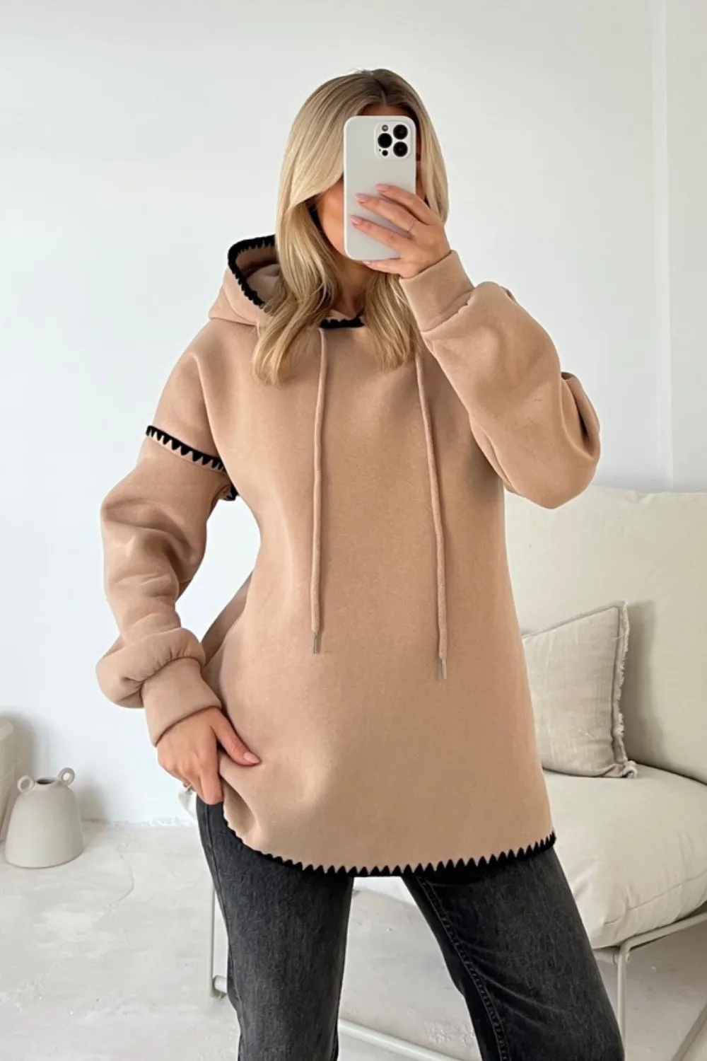 Cassandra camel hoodie with embroidered trim