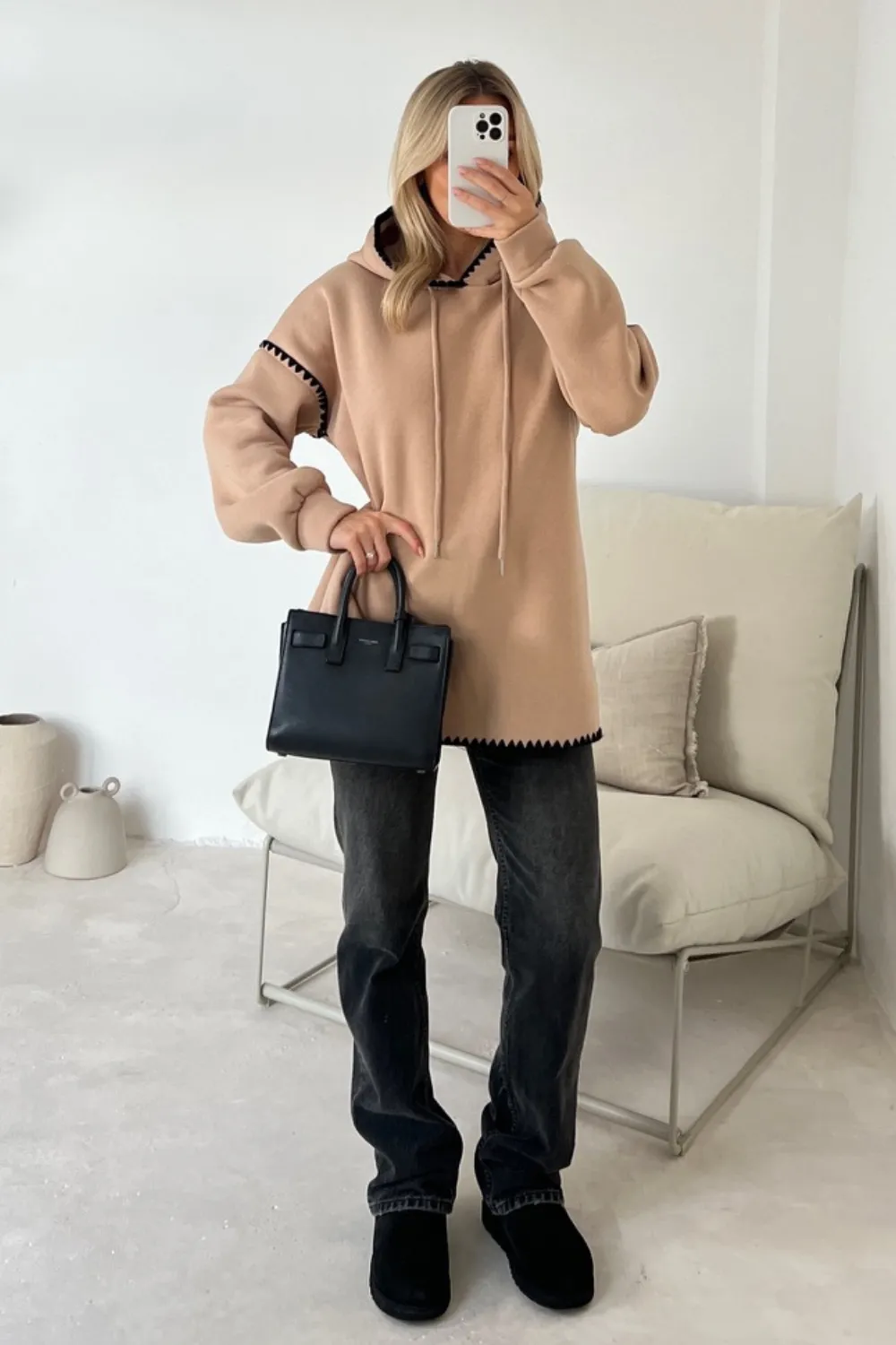 Cassandra camel hoodie with embroidered trim