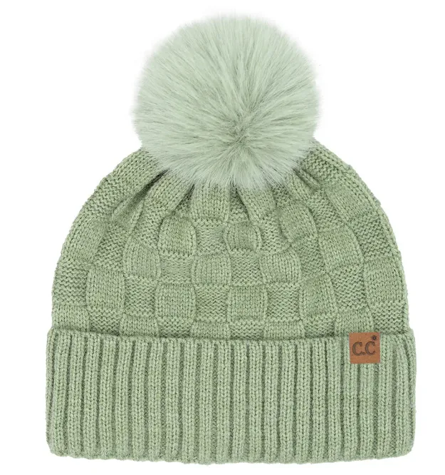 CC-Woven Checkered Texture Pom Beanie