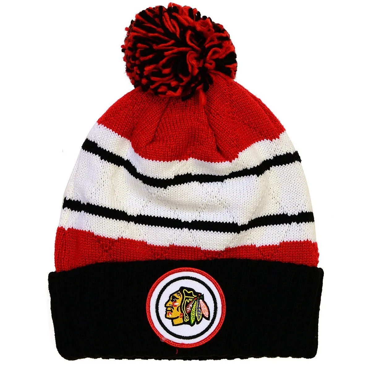 Chicago Blackhawks Jersey Stripe Hi Five Knit Hat with Pom: Mitchell & Ness