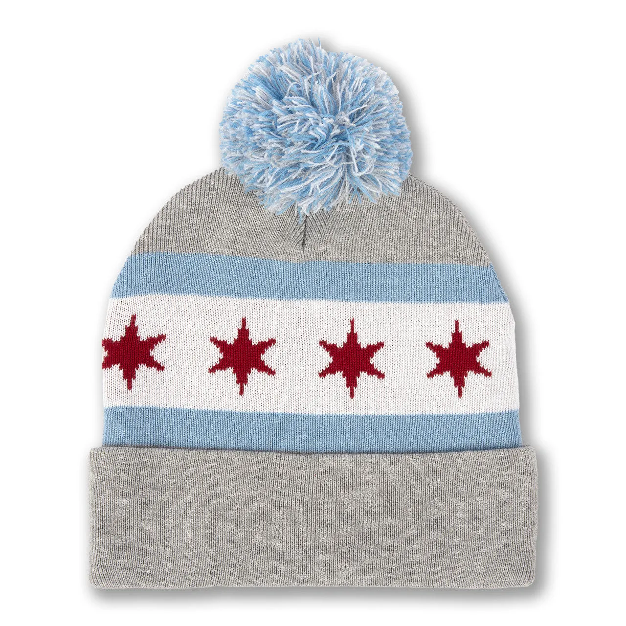 Chicago Flag Knit Hat w/ Pom Grey