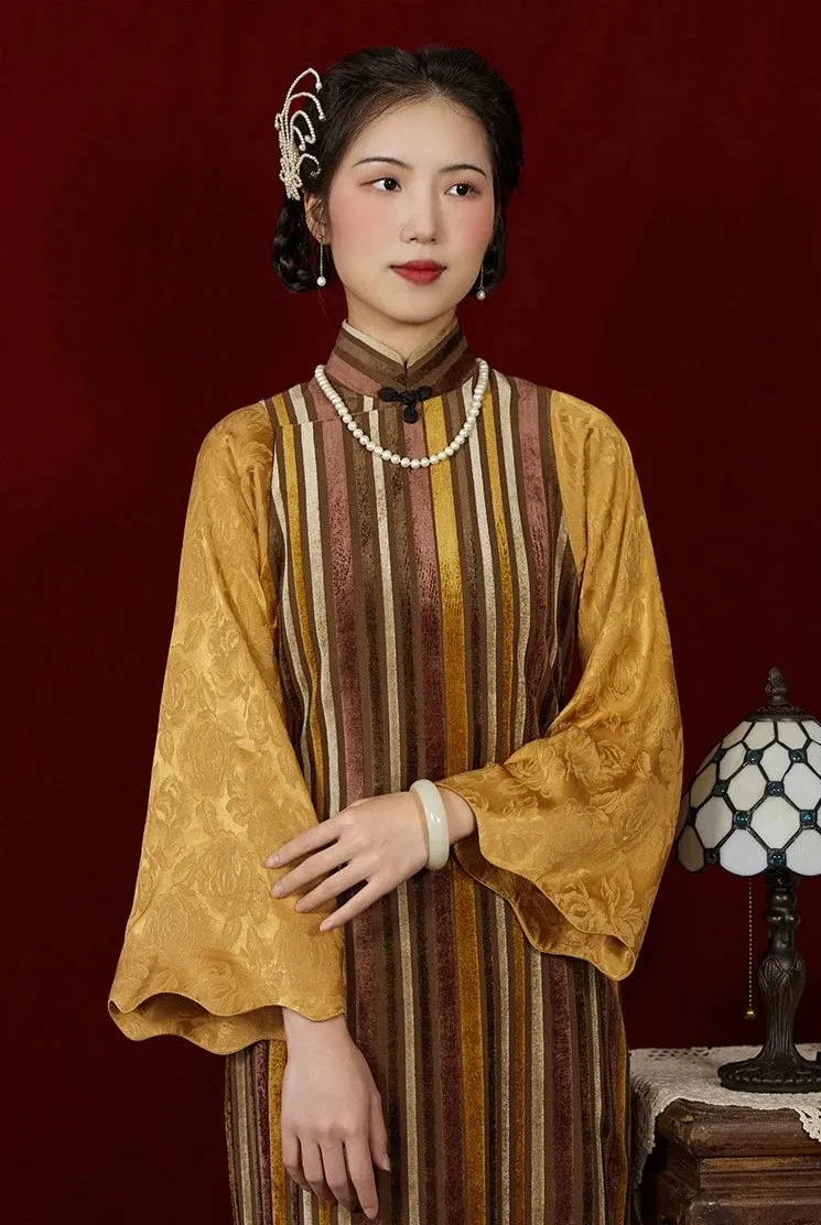 City of Lights 流光之城 1930s Velvet Stripe Bell Sleeve Qipao