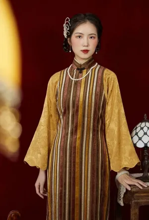 City of Lights 流光之城 1930s Velvet Stripe Bell Sleeve Qipao