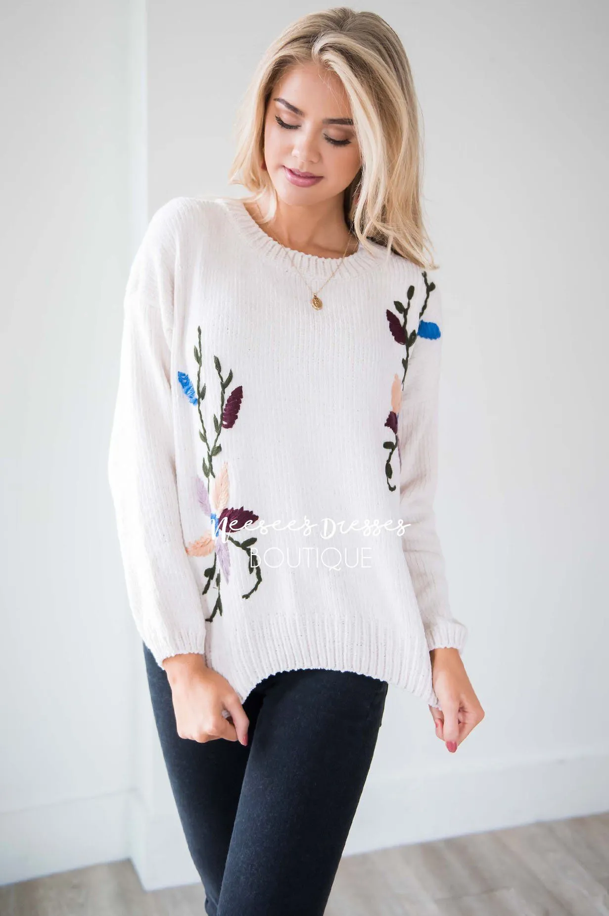 Colorful Embroidered Knit Sweater