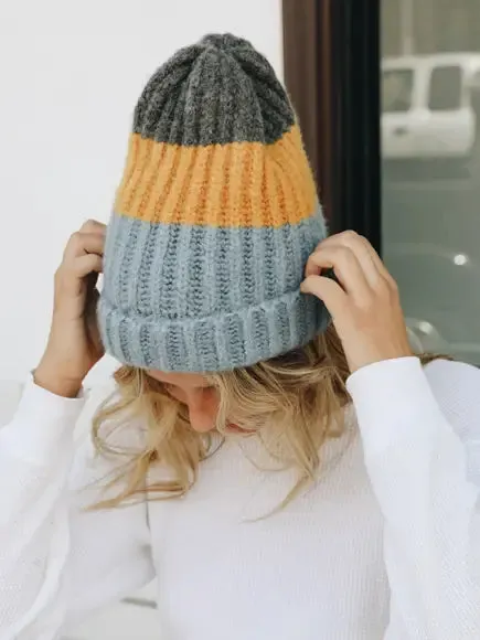 Cozy Color Block Wool Beanie - Blue/Mustard