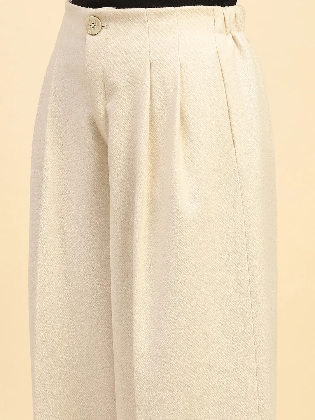 Cream Solid Poly Viscose Relaxed Fit Coat With Trouser Winter Set