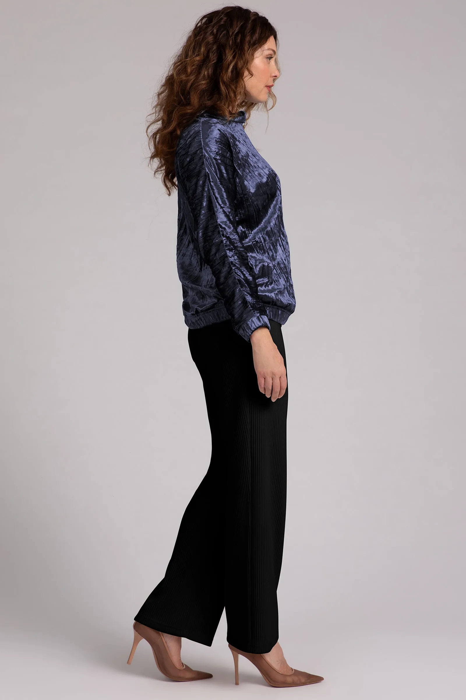 Crinkle Velvet Funnel Neck Top | Navy