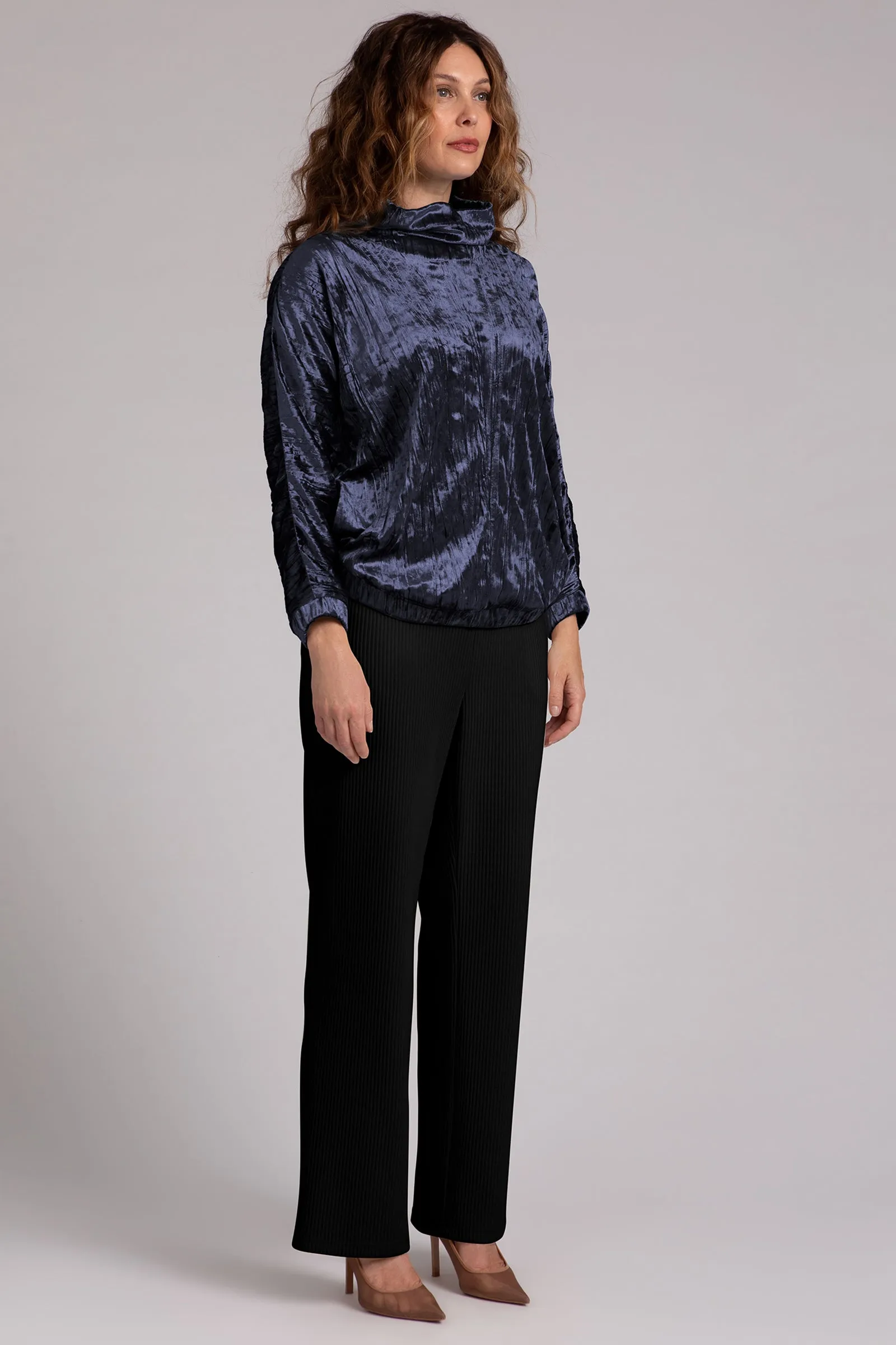 Crinkle Velvet Funnel Neck Top | Navy