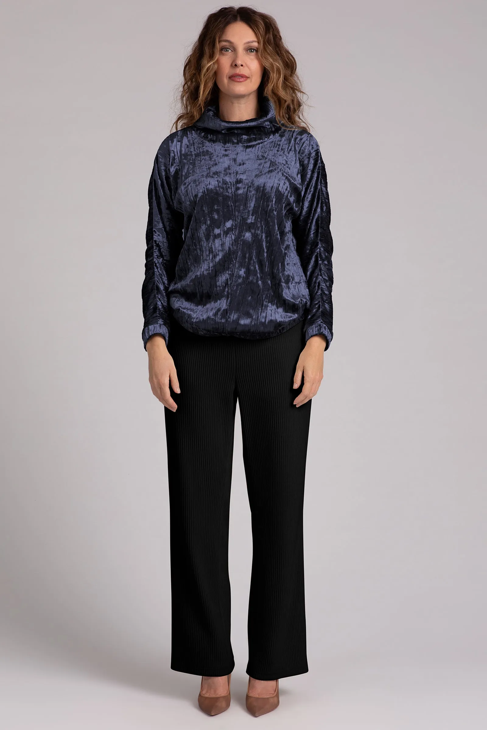 Crinkle Velvet Funnel Neck Top | Navy