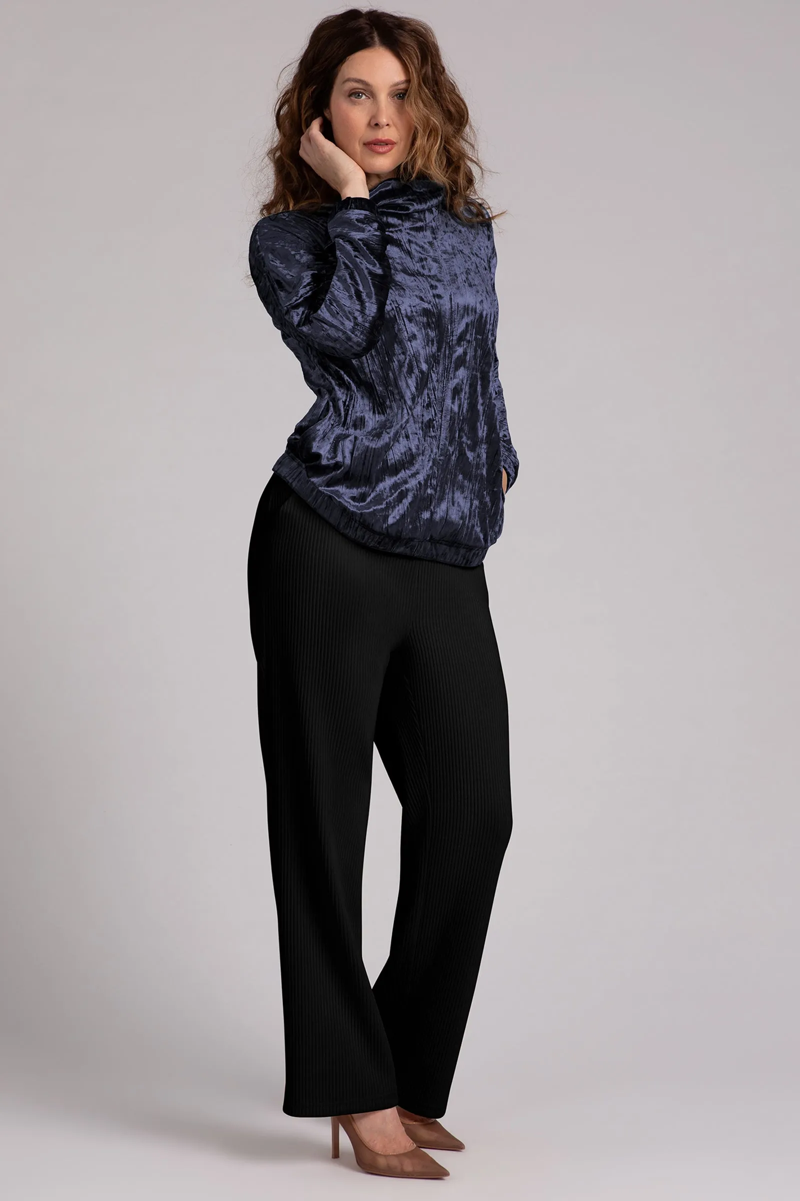 Crinkle Velvet Funnel Neck Top | Navy