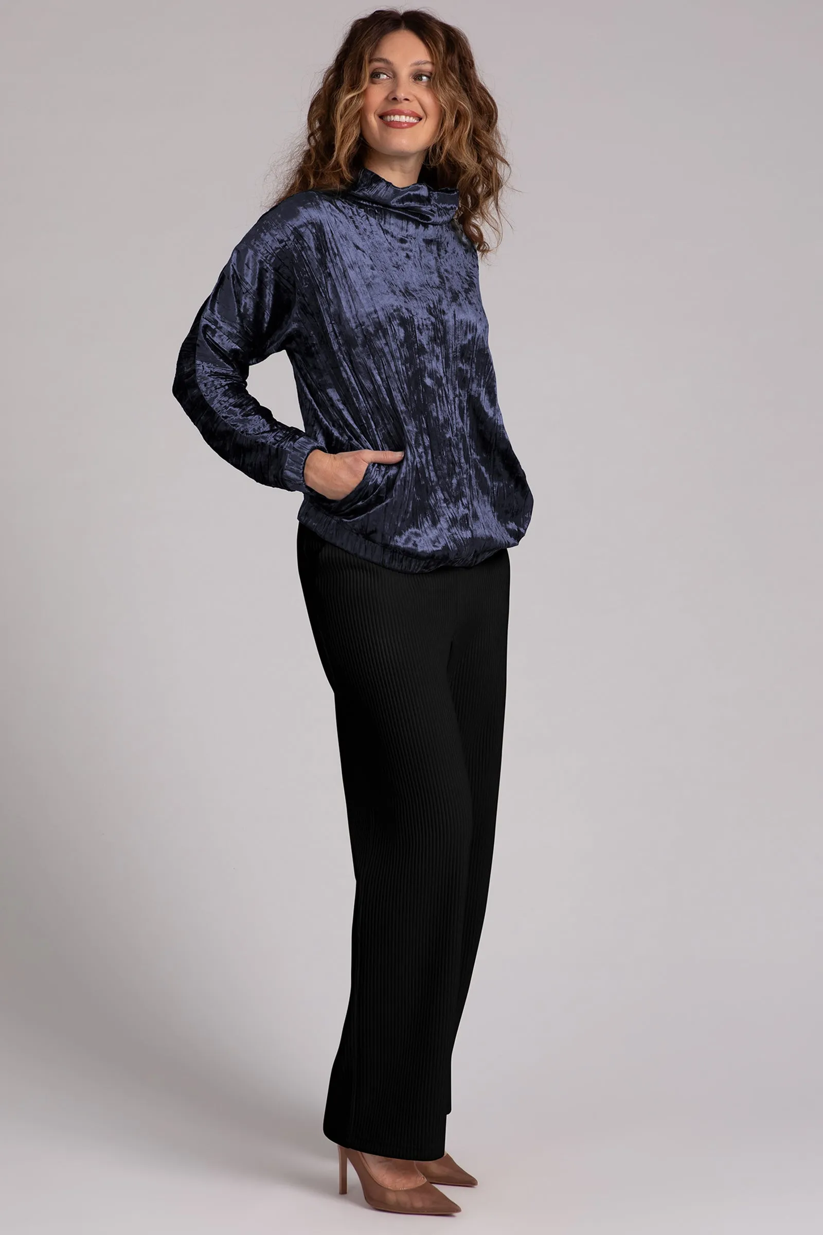 Crinkle Velvet Funnel Neck Top | Navy