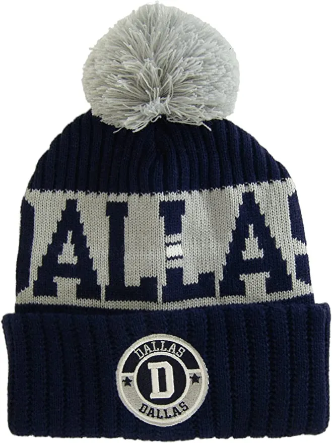 Dallas City Name Three Stripe Circular Patch Pom Beanie Winter Hat (Navy/Gray)