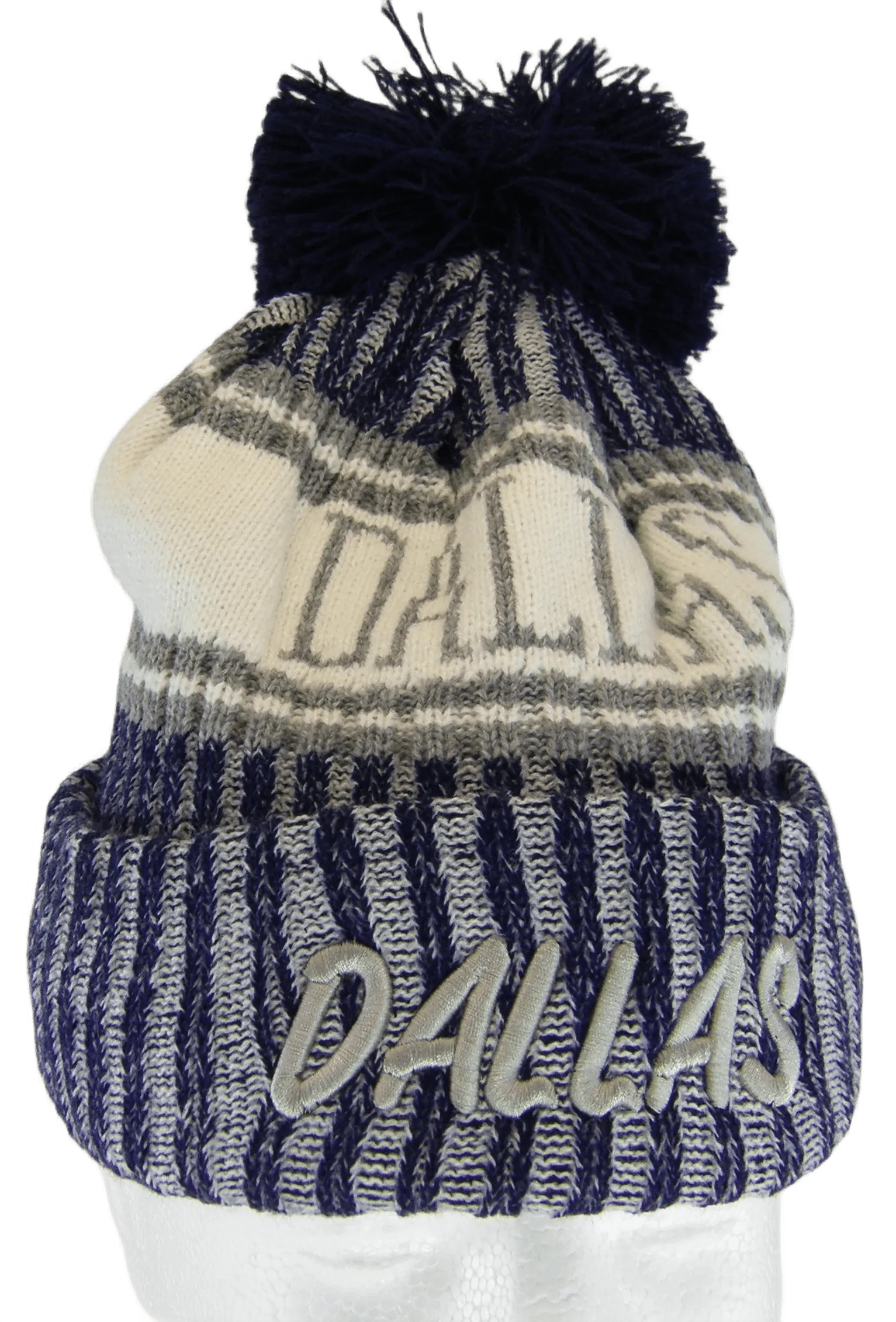 Dallas Plush Lined Embroidered Winter Knit Pom Beanie Hat (Navy)