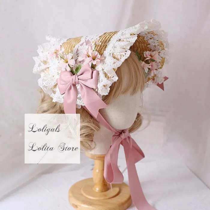 Elegant Lolita Bonnet Hat with Ruffled Lace Trimming Sweet Straw Hat