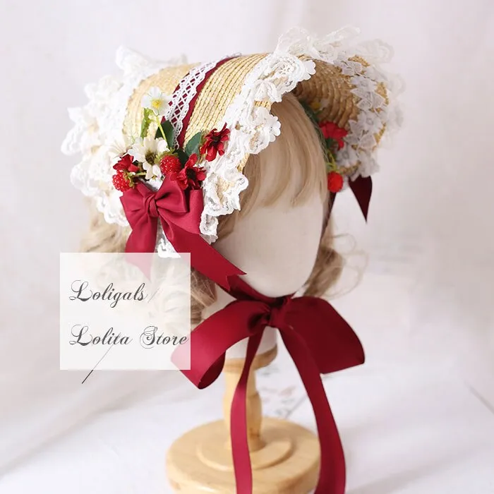 Elegant Lolita Bonnet Hat with Ruffled Lace Trimming Sweet Straw Hat