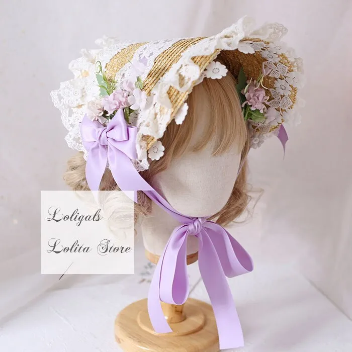 Elegant Lolita Bonnet Hat with Ruffled Lace Trimming Sweet Straw Hat