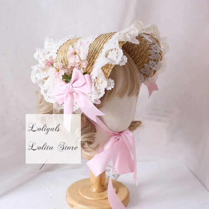 Elegant Lolita Bonnet Hat with Ruffled Lace Trimming Sweet Straw Hat