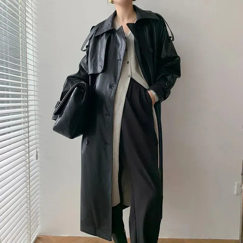 Elegant Long Leather Coat With Belt for Women | Ideal for Winter