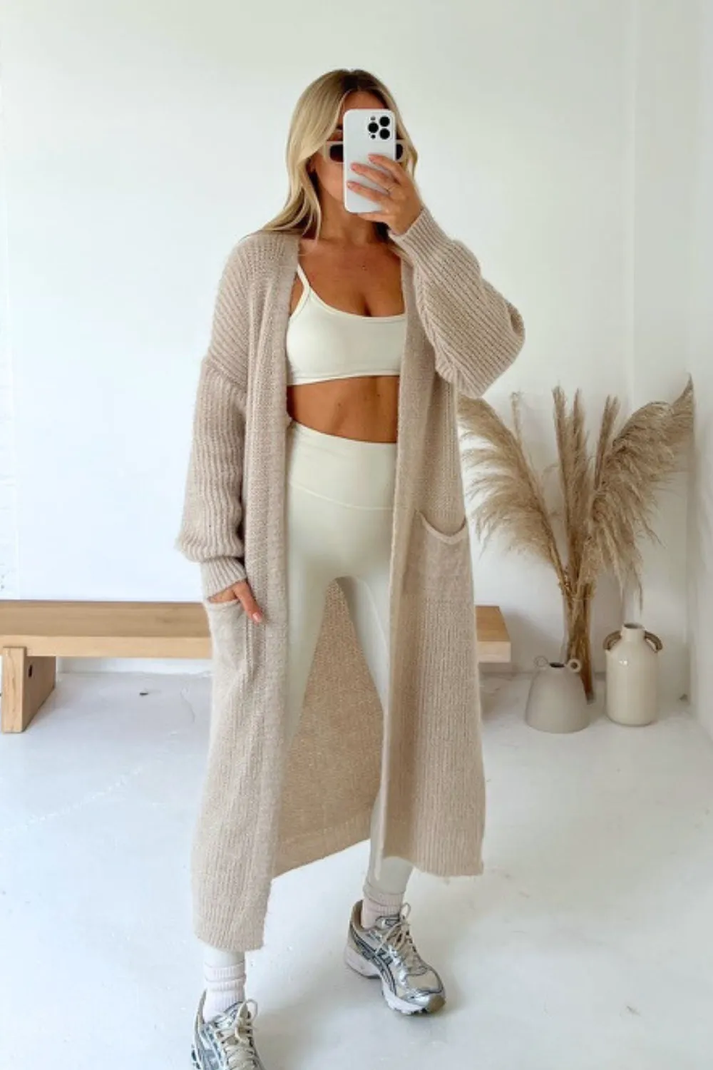 Eloise beige fine knit long cardigan