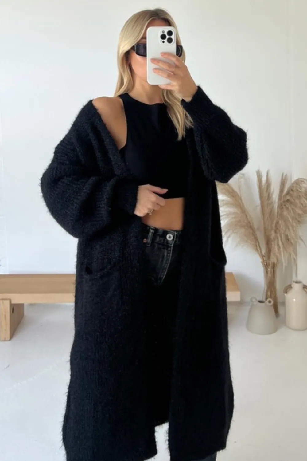 Eloise black fine knit long cardigan